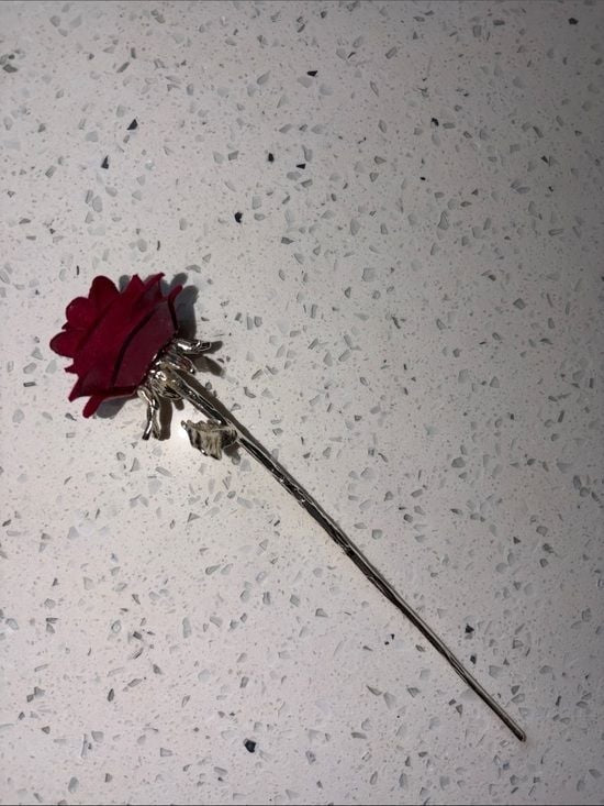 Gold Leaf Hair Pin with Red Velvet Rose Accent