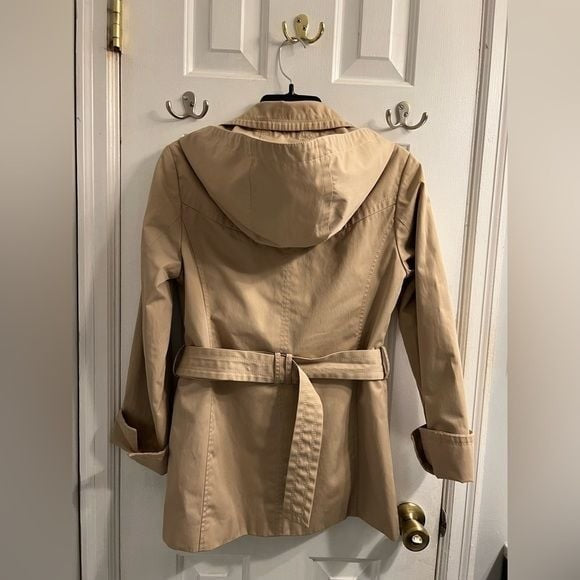 ELLEN TRACY Shirt Khaki Belted Hooded Trench Coat Sz Small