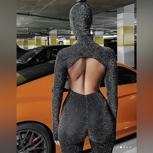 HOT 🔥 Black Glitter Open Back Jumpsuit Set  -