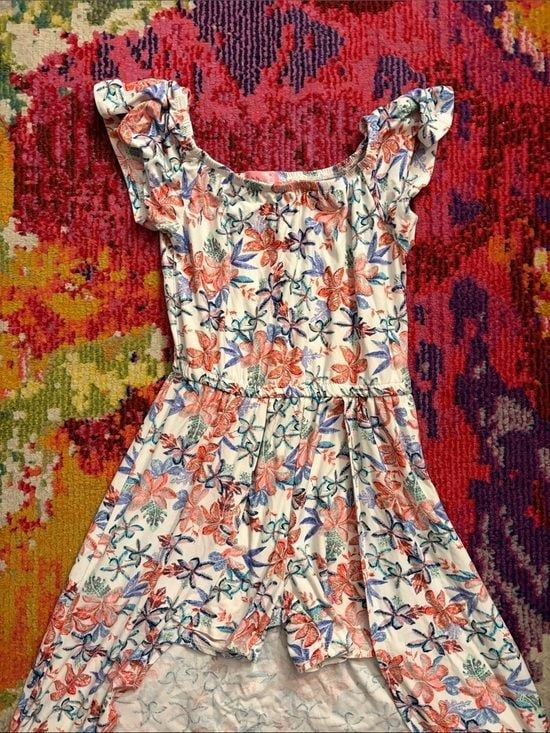 Girls Floral High-Low One-Piece Dress in White with Pink & Blue Flowers