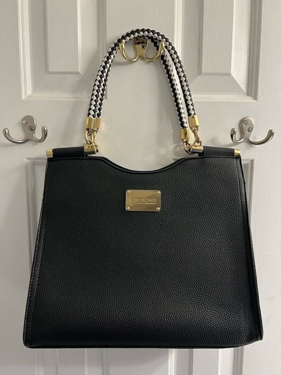 bebe Black Handbag with Black and White Braided Handles & Gold Hardware