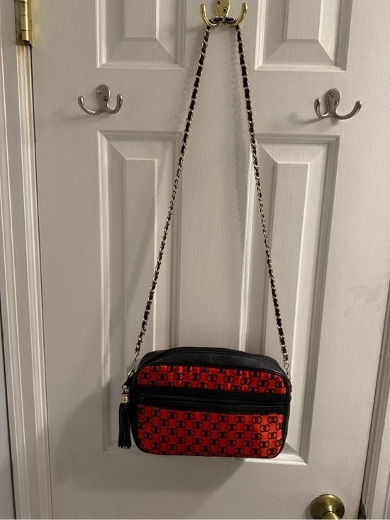 Black & Red Chain Shoulder Bag with Logo Print