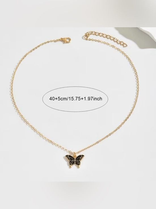 Gold Butterfly Necklace with Black Enamel Charm