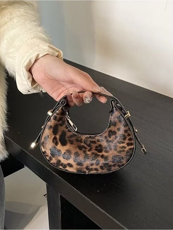 Leopard Print Mini Hand Bag with Gold Hardware