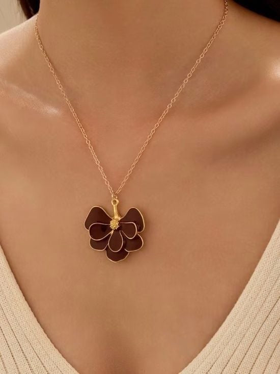 Gold-Plated Statement Necklace with Enamel Flower Pendant
