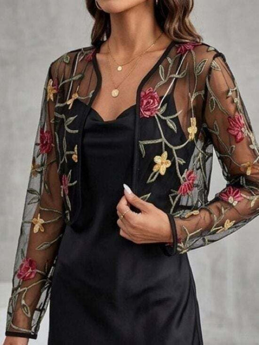 Embroidered Sheer Floral Cropped Cardigan - Black with Red & Gold Flowers Large