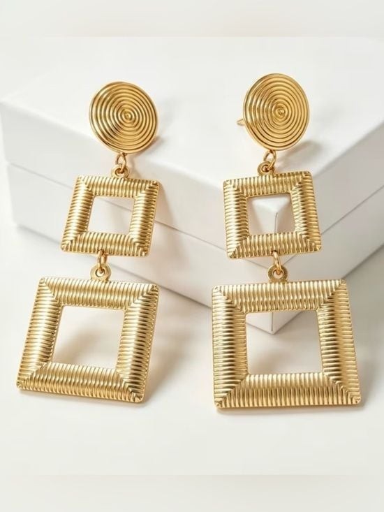 Two-Tier Gold Square Drop Earrings - Women Jewelry