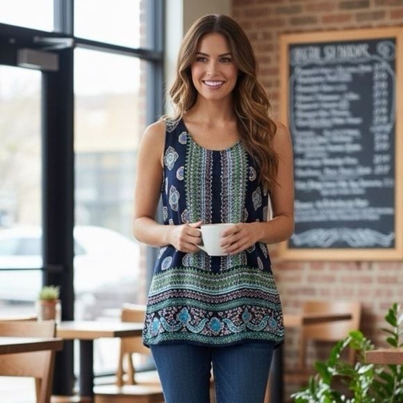 CYNTHIA ROWEY Elegant Open Back Tribal Print Summer Tank Blouse Sz Medium