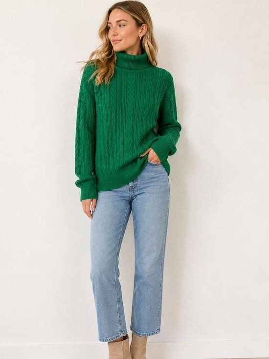 Lands' End Green Cable Knit Turtleneck Sweater XL Extra Large