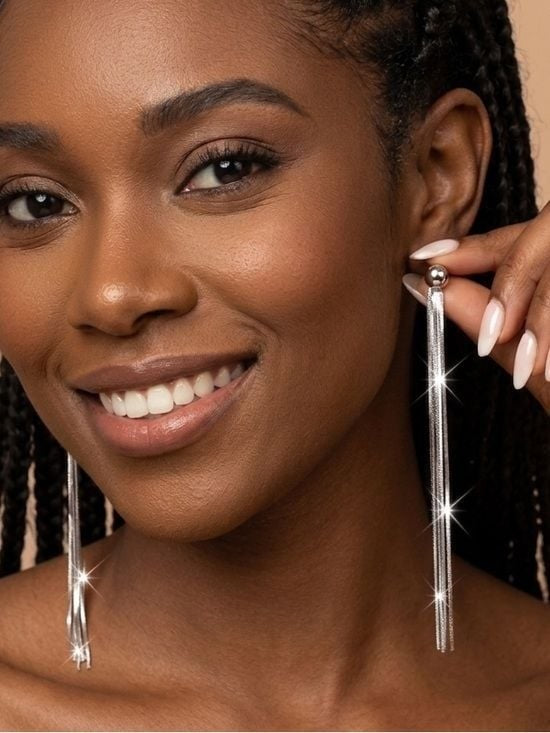 Long Silver Tassel Drop Earrings - Hypoallergenic Stainless Look
