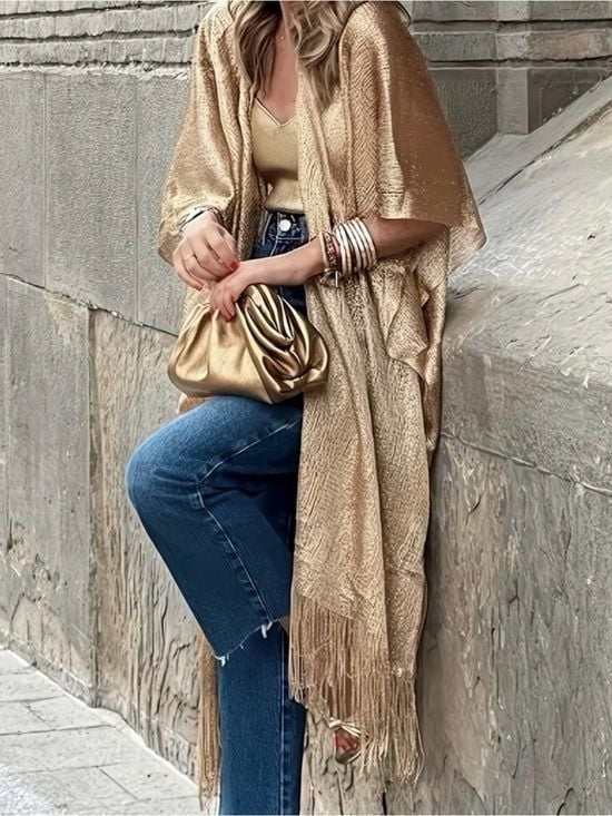 Gold Metallic Fringe Kimono Cardigan Women’s Beach Cover-Up One Size