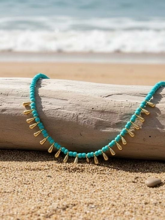 Turquoise Beaded Necklace with Gold Teardrop Accents