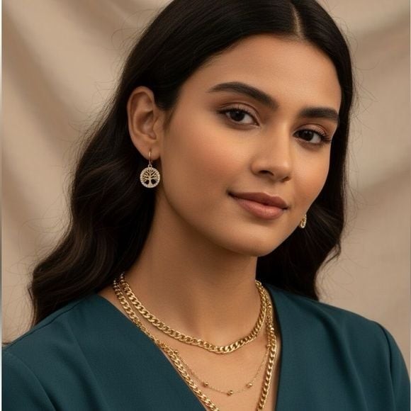 Jewelry Set Gold Tree of Life Necklace Crystal & Dangle Earrings