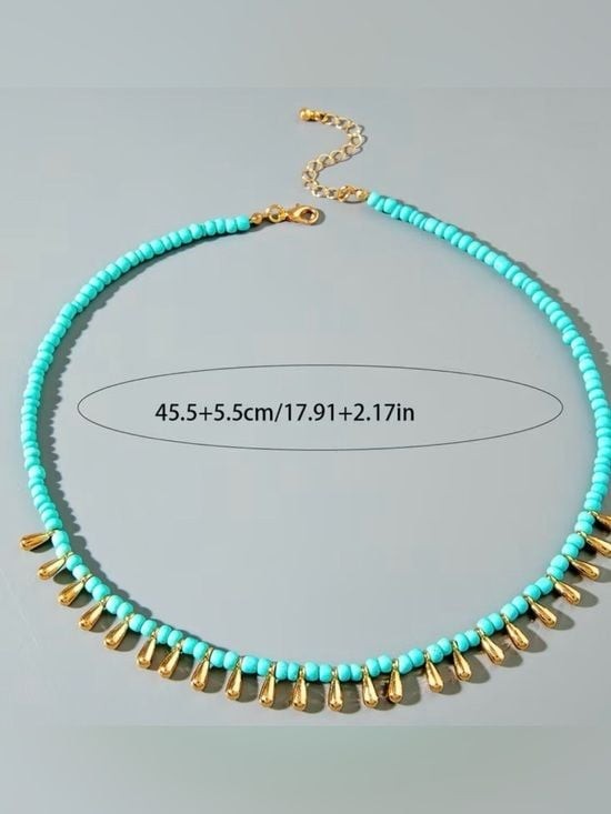 Turquoise Beaded Necklace with Gold Teardrop Accents