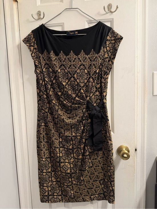 Just...Taylor Black and Gold Tie-Accent Cap Sleeve Midi Dress Sz 14
