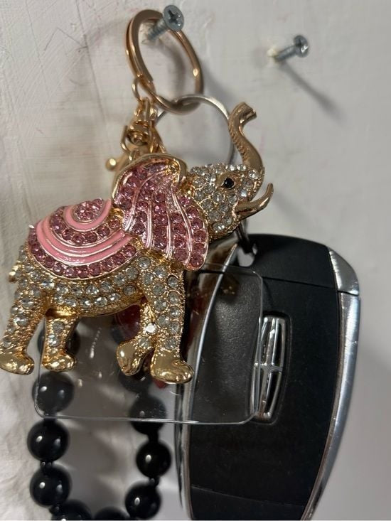 Rose Gold Pink Crystal Elephant Keychain Key & Card Holder Charm