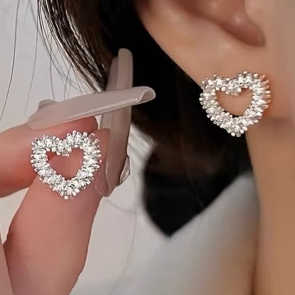 Dazzling Heart Cluster Stud Earrings - Silver Tone
