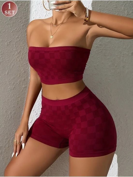 Sexy Set Plaid Two Piece Bike Shorts in Burgundy