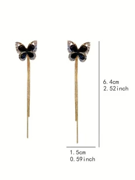Black Enamel Butterfly Long Tassel Gold Accent Earrings