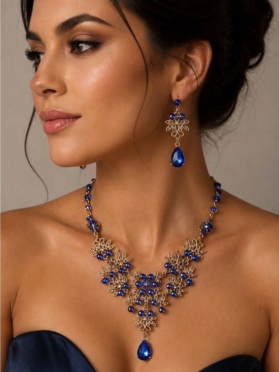 Gold Floral Filigree Necklace with Deep Blue Crystals