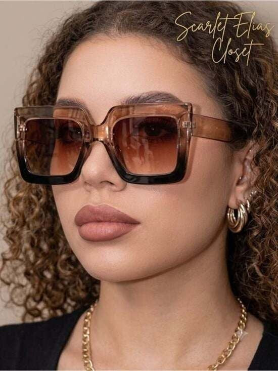 Gradient Clear-to-Black Square Sunglasses with Brown Lenses
