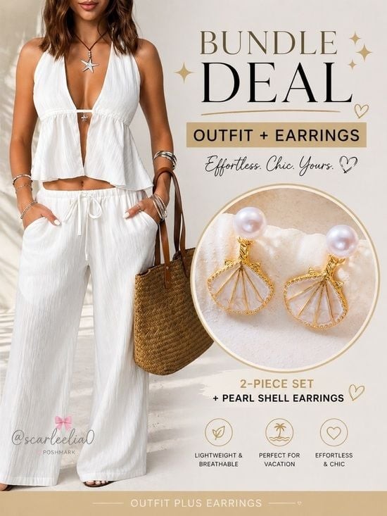 [CURATED] OUTFIT & EARRINGS White 2-Piece Lounge Set Sz Small + Pearl Shell Earr