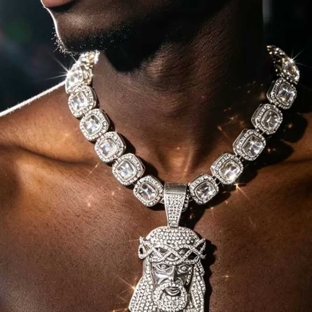 Iced Out Silver-Tone Jesus Face Pendant Necklace with Crystal Cuban Link Chain