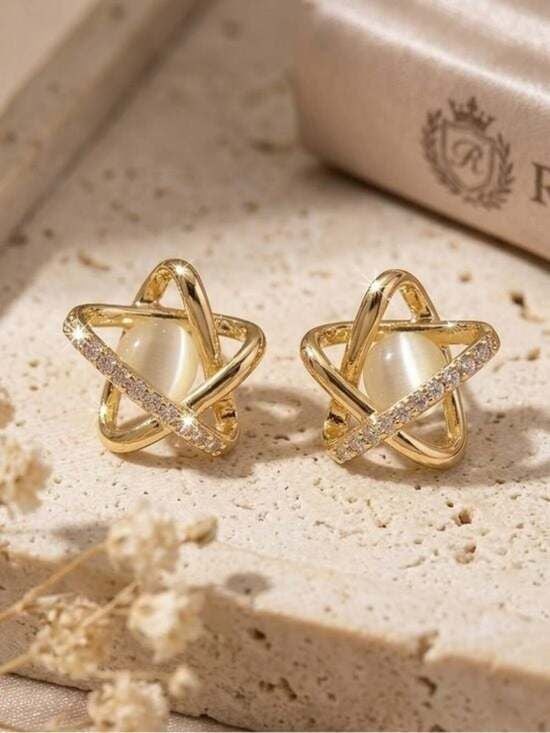Gold Orbit Pearl Stud Earrings - Women's Gold and Ivory Pearl