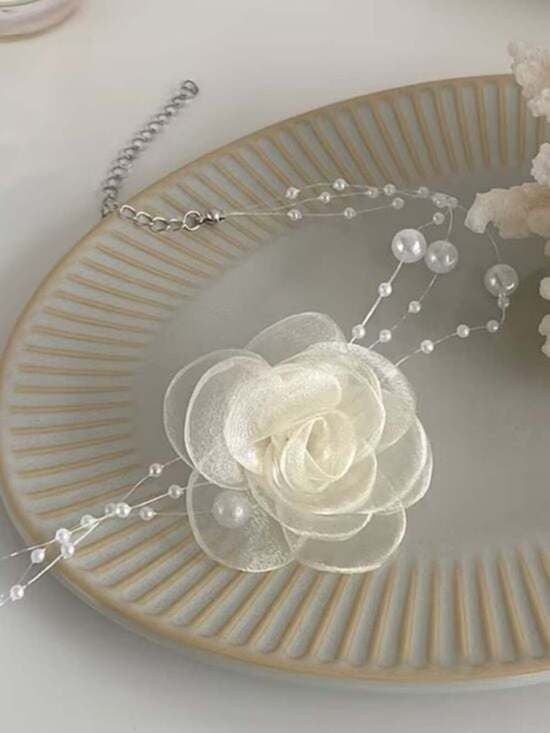 Coquette Organza Rose & Floating Pearl Choker Necklace NWT