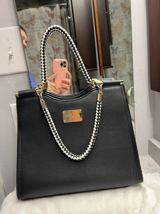 bebe Black Handbag with Black and White Braided Handles & Gold Hardware