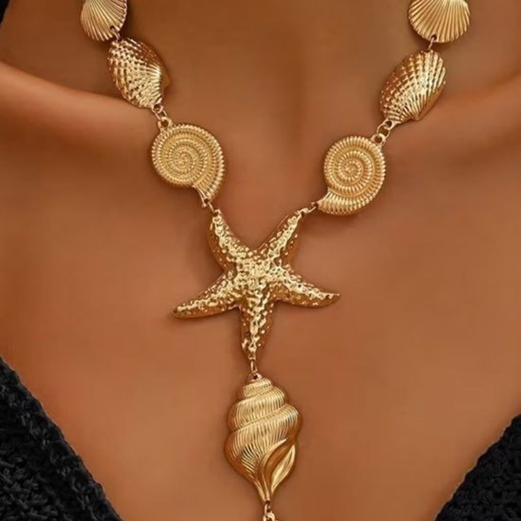 Gold Starfish and Seashell Pendant Necklace - Women Jewelry