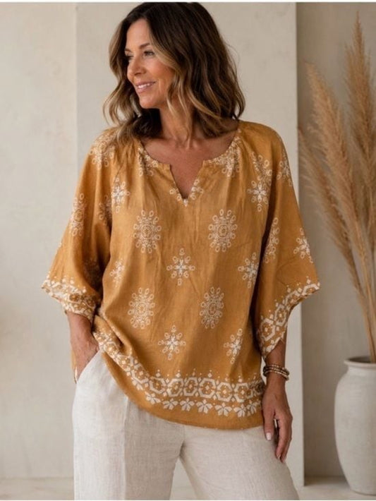 BEBONNIE Relaxed Camel Tunic with White Folk Motif
