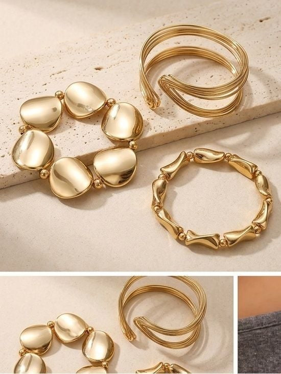 3 Pieces Stackable Bracelet Set Gold OS