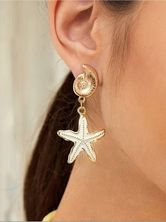 Gold and White Starfish Drop Earrings for Women