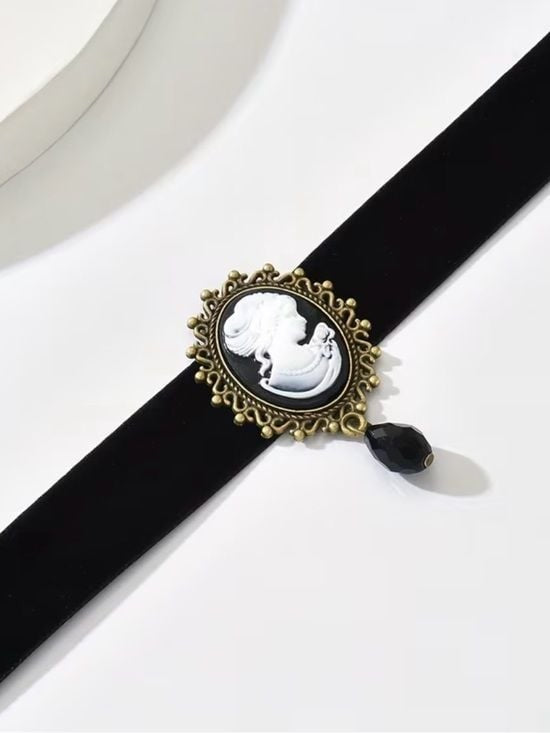 Vintage-Inspired Black Cameo Velvet Choker Necklace