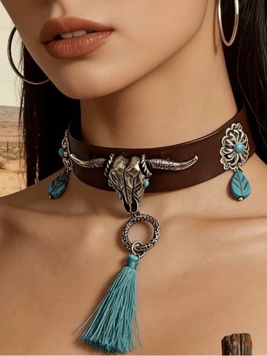 Western Turquoise Tassel Leather Choker Necklace - Unbranded