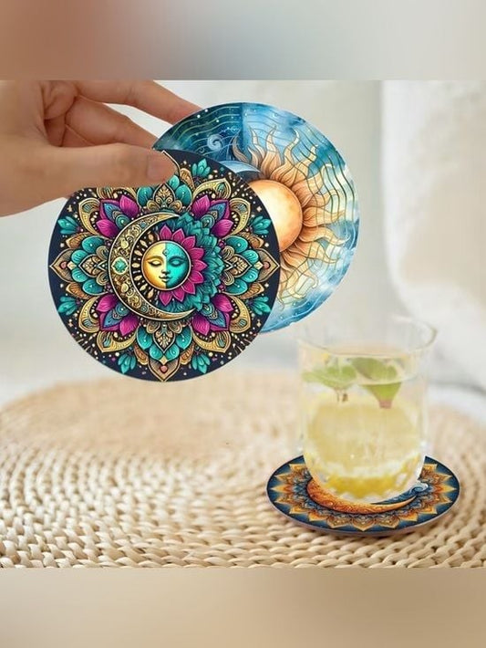 8 Piece Celestial Sun & Moon Round Drink Coasters – Multicolor Set