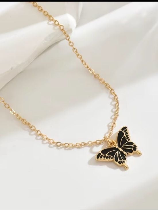Gold Butterfly Necklace with Black Enamel Charm