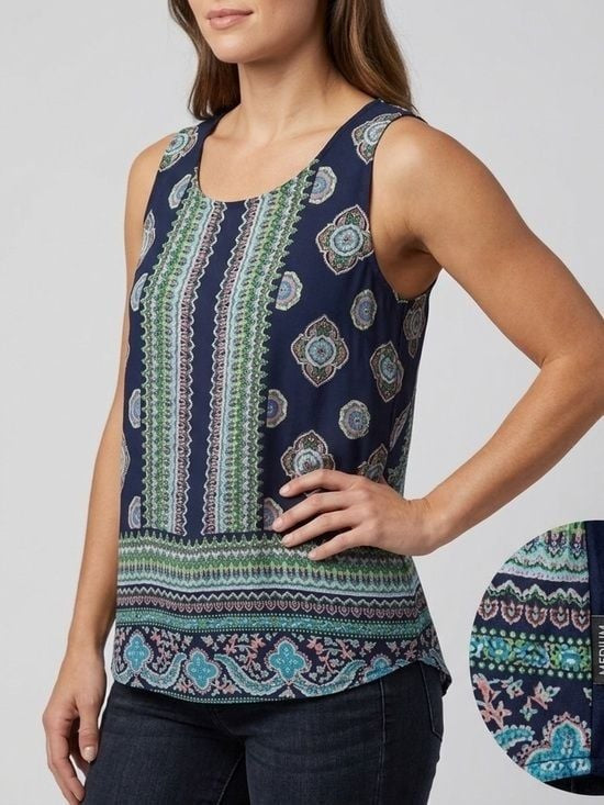 CYNTHIA ROWEY Elegant Open Back Tribal Print Summer Tank Blouse Sz Medium
