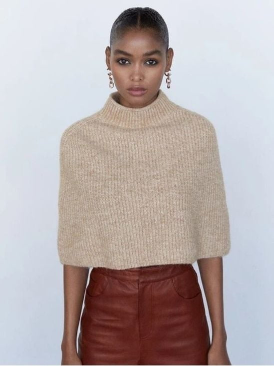 NWT ZARA Neutral Beige Ribbed Poncho Poncho Médium