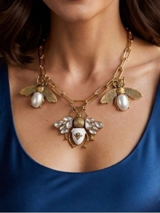 Gold Bee Pendant Necklace with White Pearl and Crystal Accents