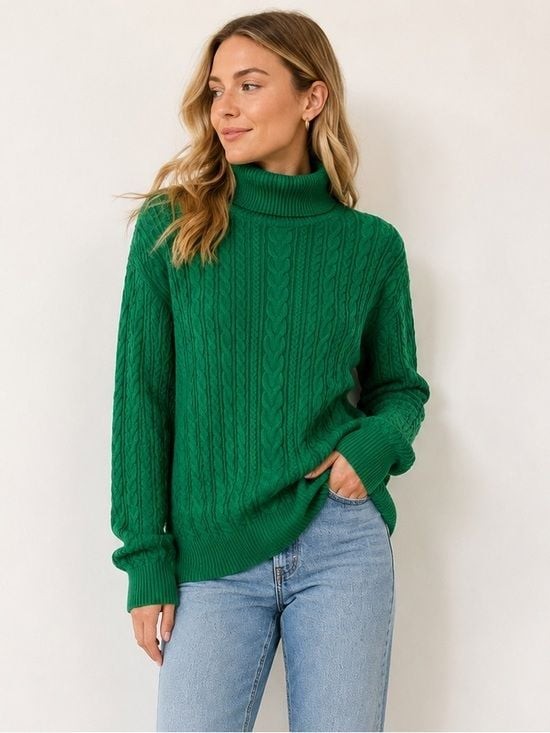 Lands' End Green Cable Knit Turtleneck Sweater XL Extra Large