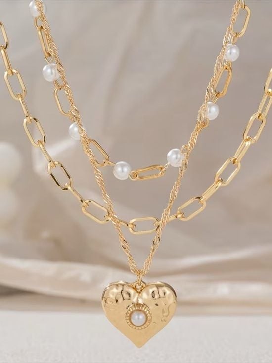 2 x  Layered Heart Pendant Necklace with Pearl Accents - Women Jewelry