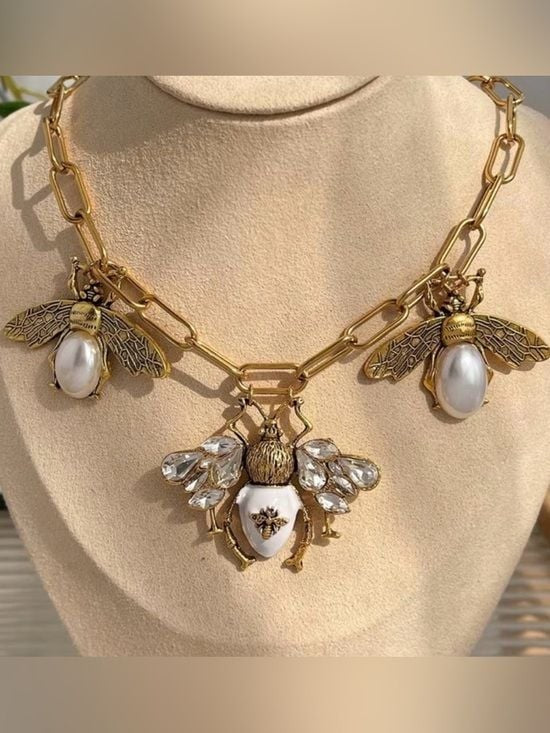 Gold Bee Pendant Necklace with White Pearl and Crystal Accents