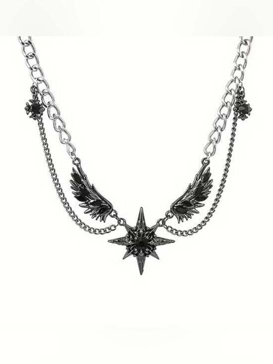 Layered Black Star and Wing Pendant Necklace