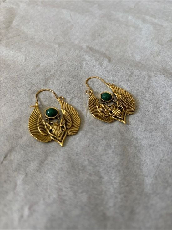 Gold Winged Scarab Earrings with Green Gemstone - Women Jewelry