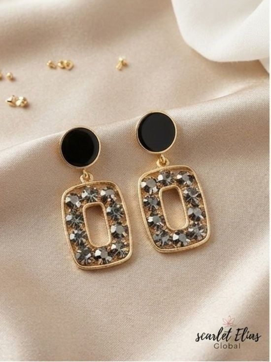NWT Luxe Gold Dangle Earrings with Black Statement Gems