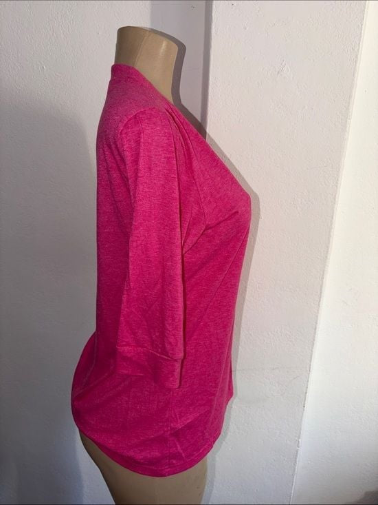 Women's Hot Pink Henley 3/4 Sleeve Top Button Detailed Top Medium