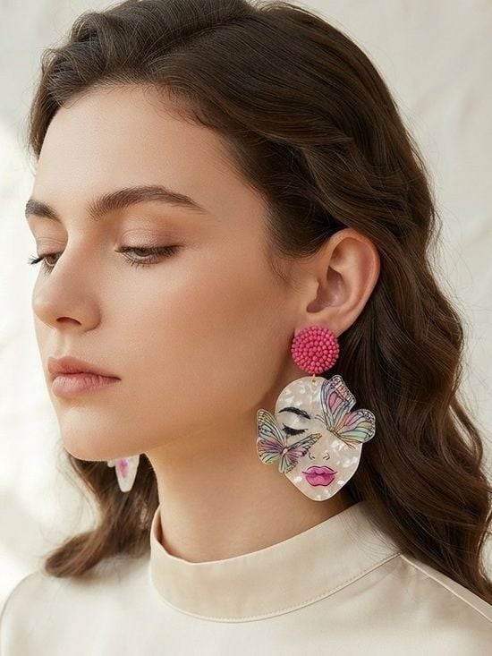 Pink Beaded Stud Face & Butterfly Drop Earrings