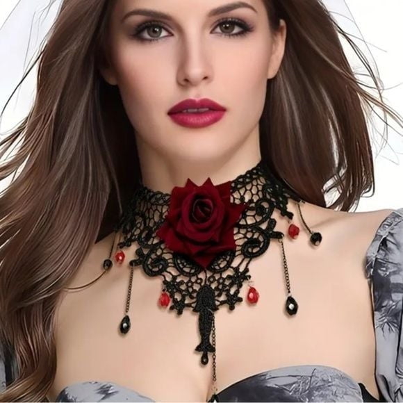 LAST ONE Lulu’s Red Rose & Black Lace Choker Necklace
